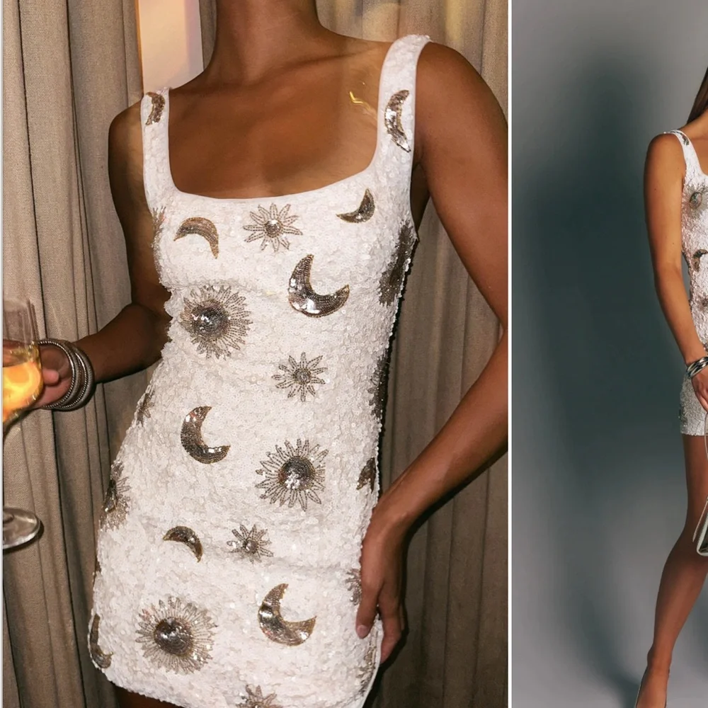 Show Me Your Mumu White Sequin Mini Dress with Silver Moon & Star Embellishments - Picture 3 of 3